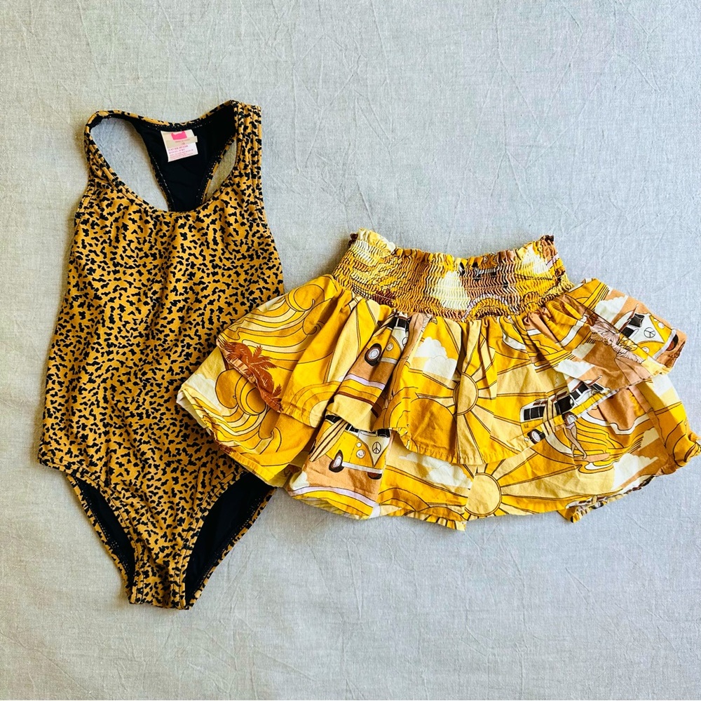 Missie Munster kids leopard bathing suit and retro print skirt